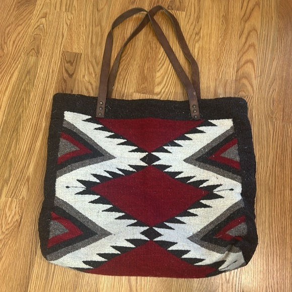 Vintage Navajo blanket bag oversize shoulder tote brown red bone 21”w  18” h - Picture 1 of 11